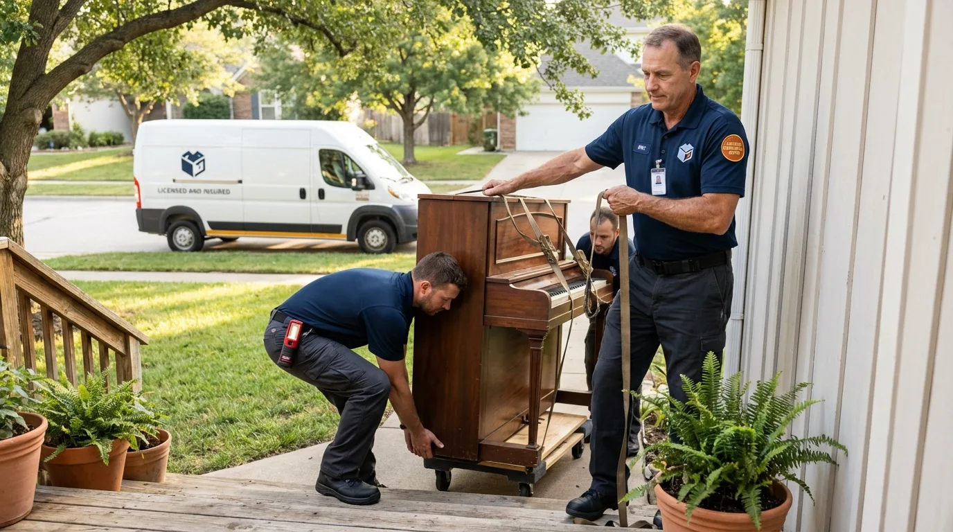 Licensed piano movers securing grand piano in Beverly, OH