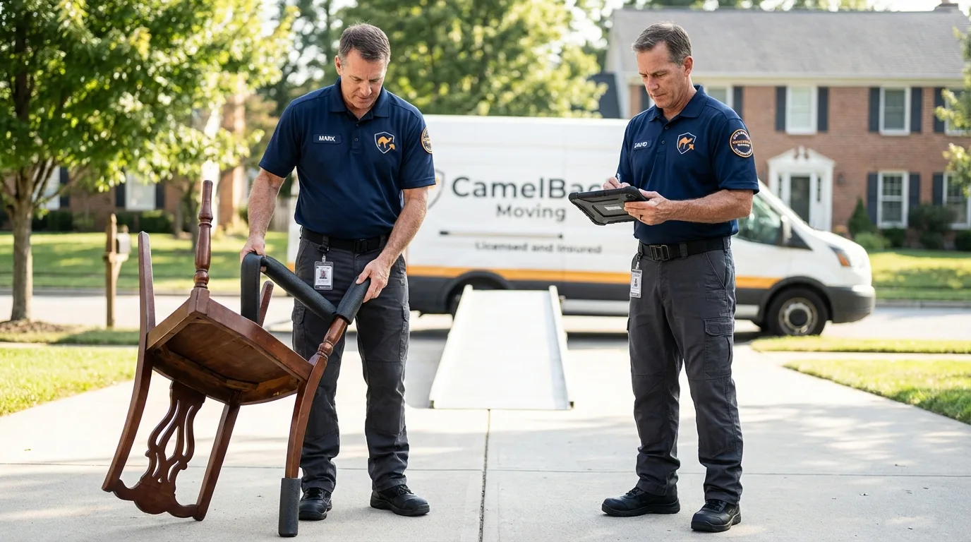 Movers inspecting furniture for damage prevention before loading in Beverly, OH