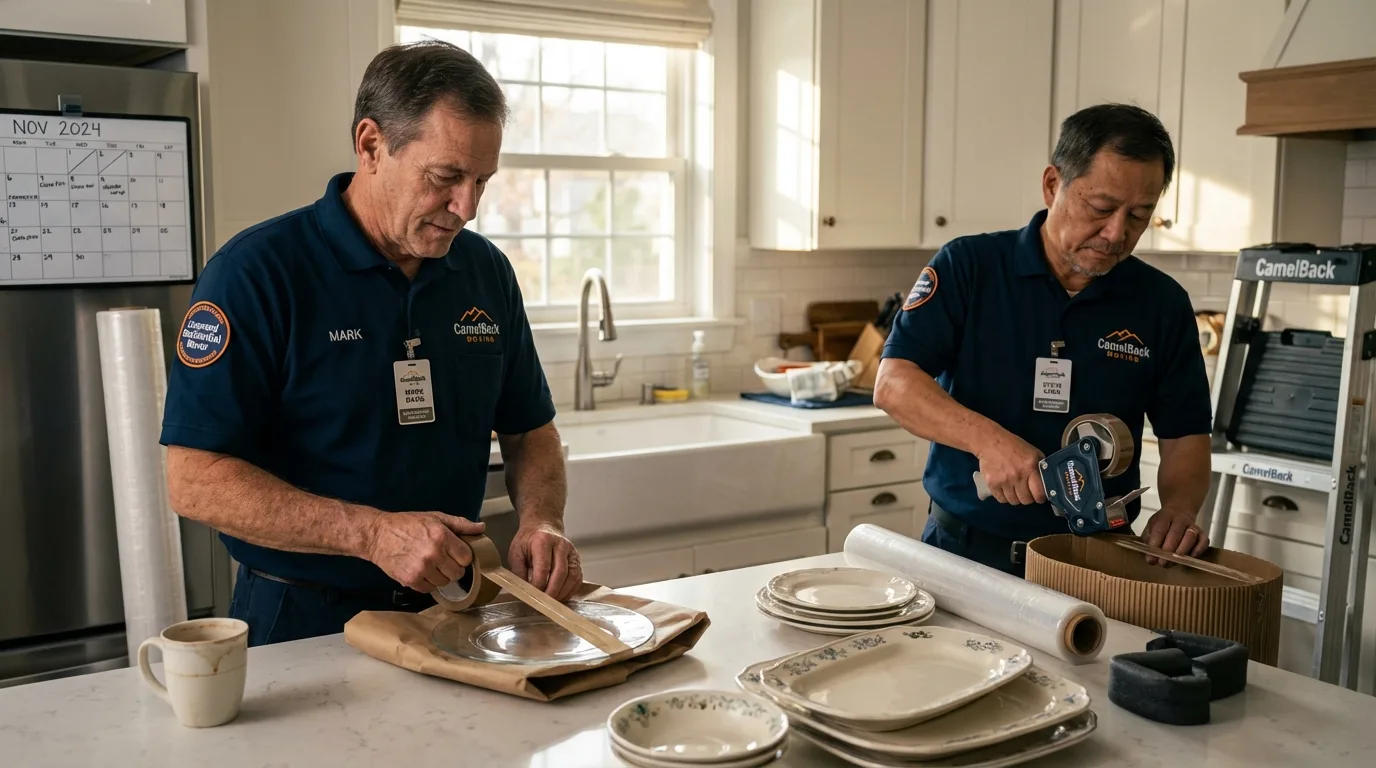 Professional crew packing kitchen dishware in Beverly, OH